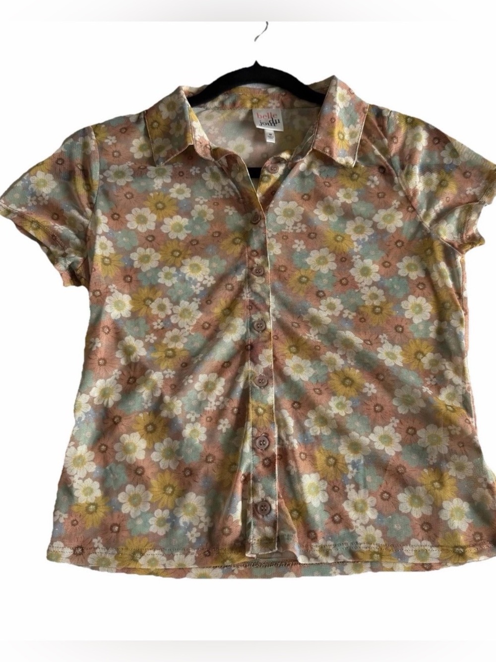Belle Du Jour Button Up Shirt Juniors M Multicolor Floral Sheer Mesh Y2K Retro